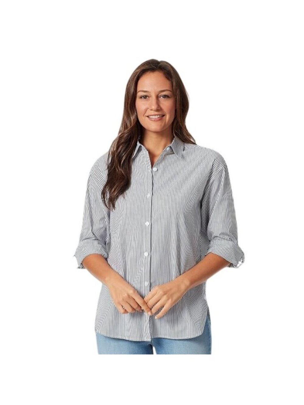 Gloria Vanderbilt Button-Down Shirt Size Large Black White 100% Cotton Striped - Picture 4 of 15